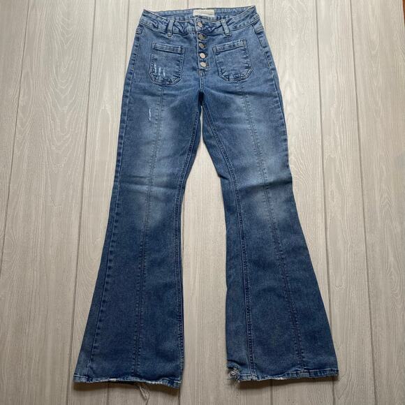 Banjara Women's Blue Denim Button Fly Distressed Flare Jeans Size 27 / 7 - Picture 1 of 12